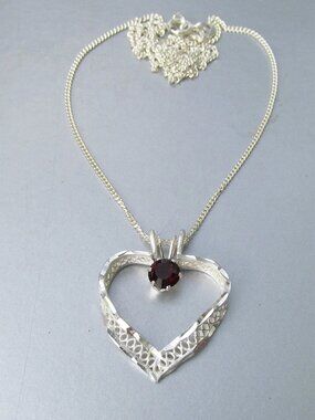 Vintage Signed CA Sterling Silver Filigree HEART Garnet Pendant Necklace